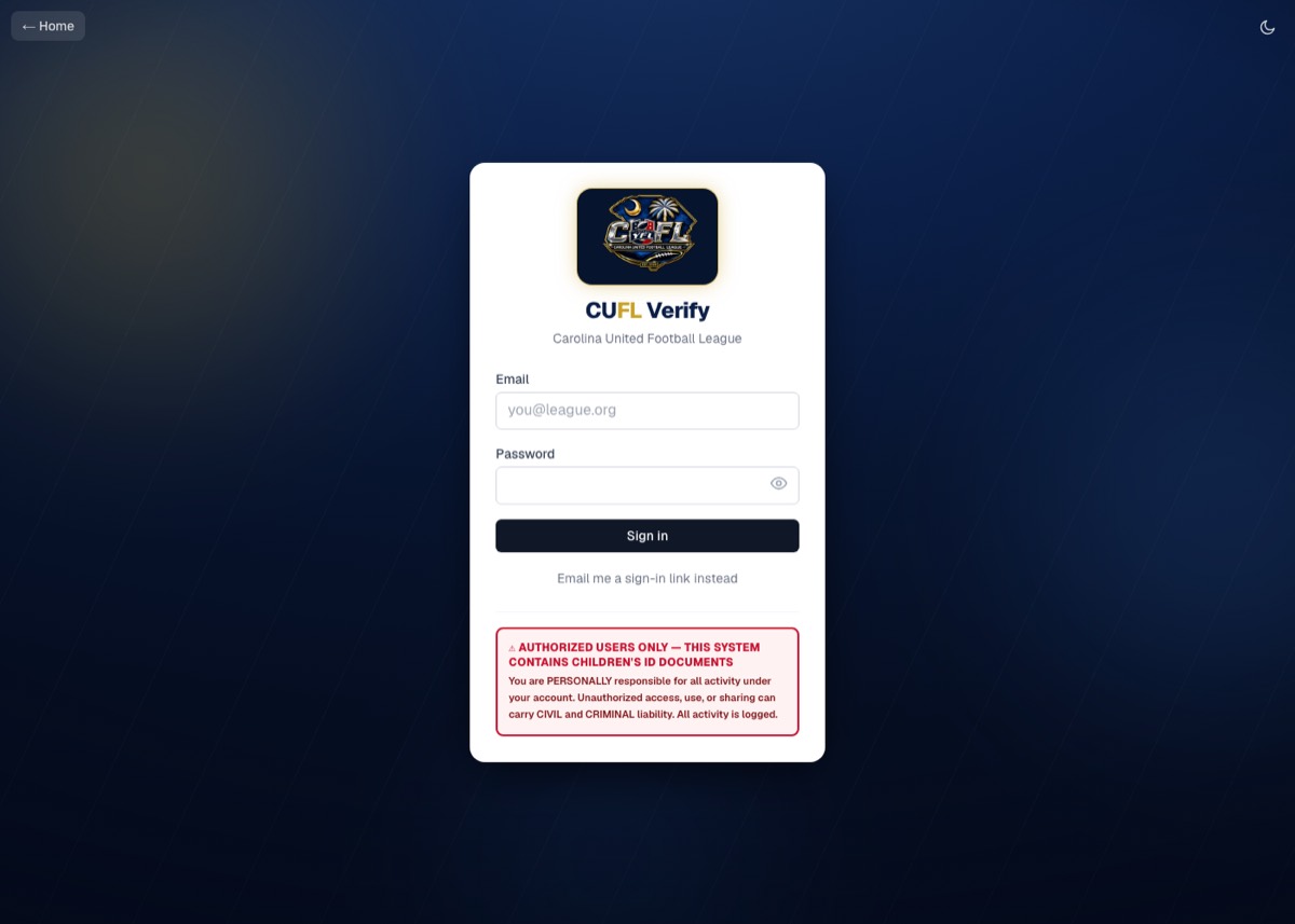 The CUFL Verify sign-in screen, with an authorized-users-only warning