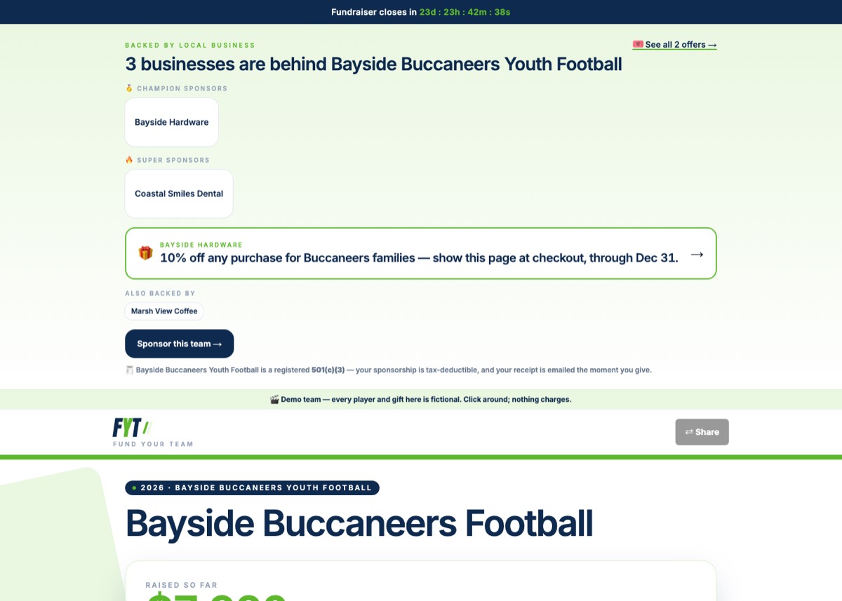 A Fund Your Team fundraiser page for the fictional Bayside Buccaneers demo team